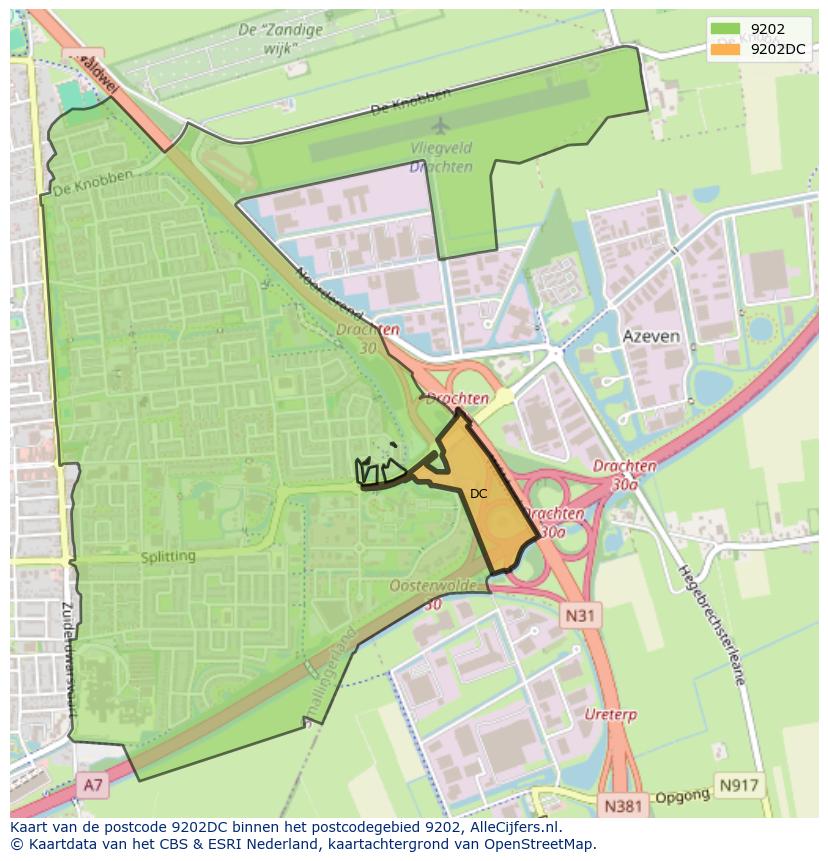 Afbeelding van het postcodegebied 9202 DC op de kaart.