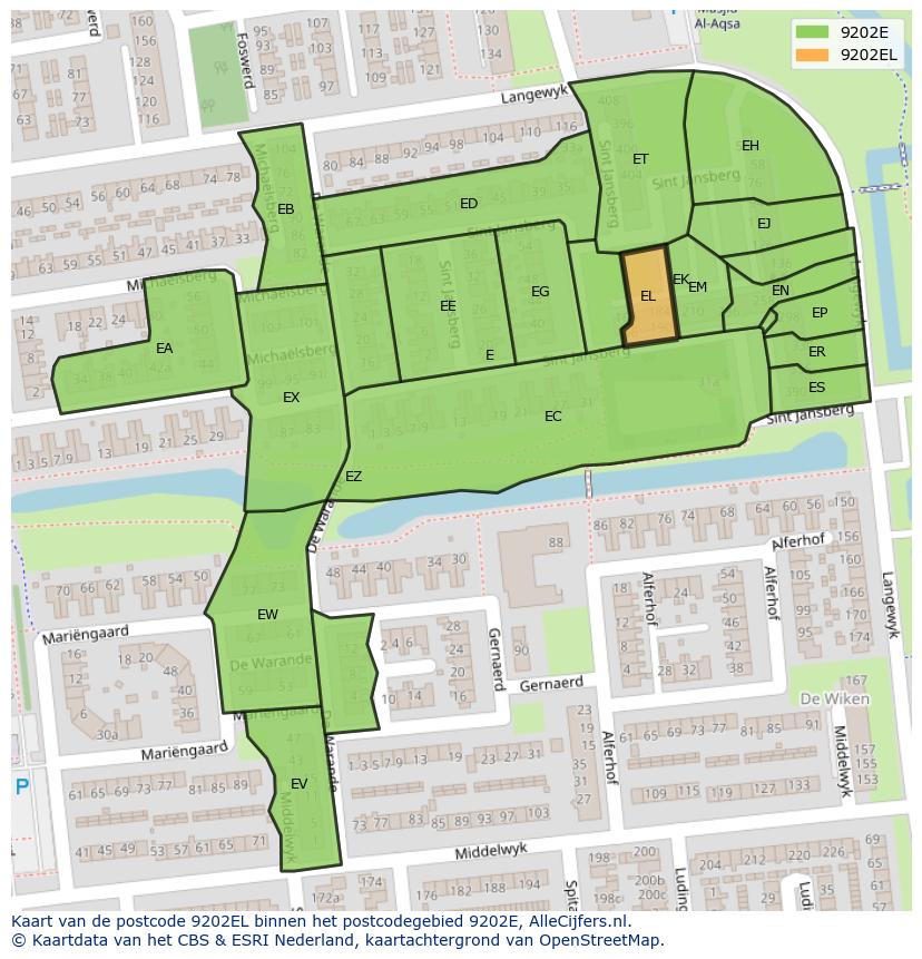 Afbeelding van het postcodegebied 9202 EL op de kaart.