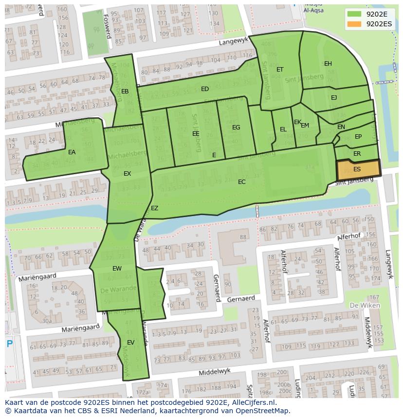 Afbeelding van het postcodegebied 9202 ES op de kaart.