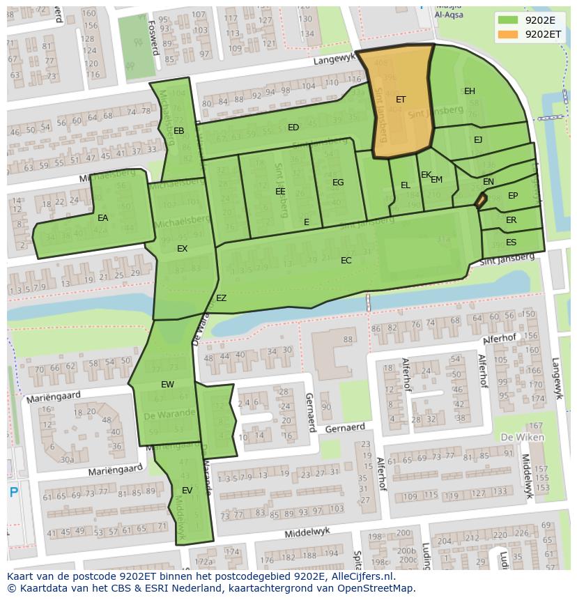 Afbeelding van het postcodegebied 9202 ET op de kaart.