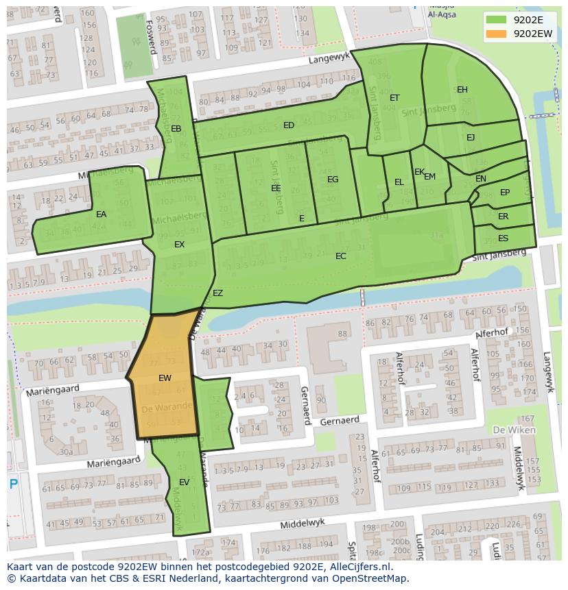 Afbeelding van het postcodegebied 9202 EW op de kaart.