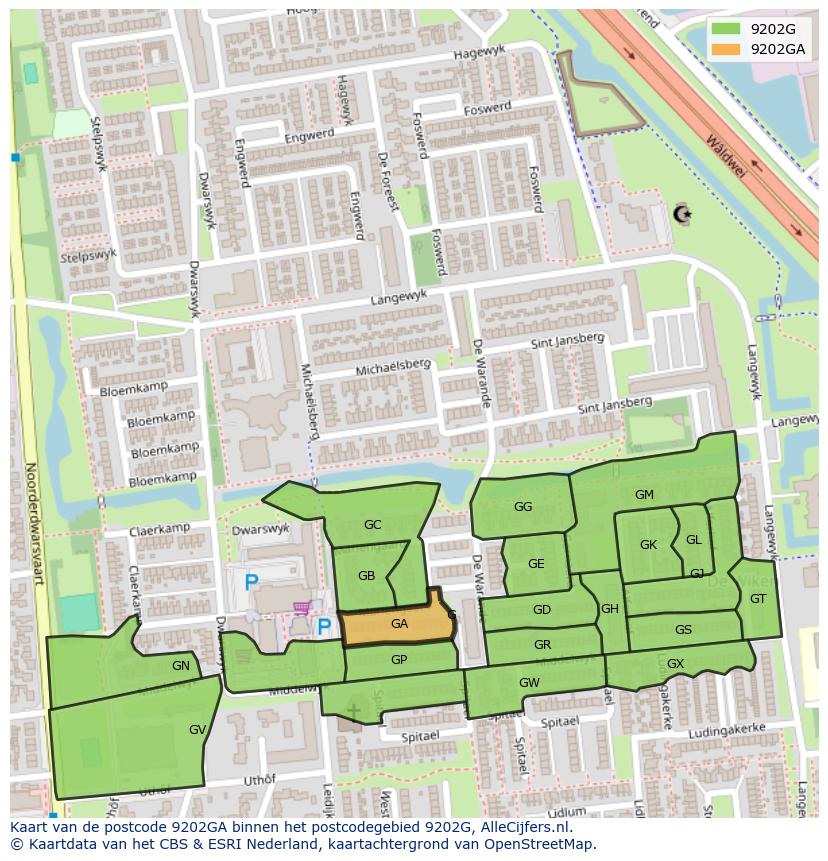 Afbeelding van het postcodegebied 9202 GA op de kaart.