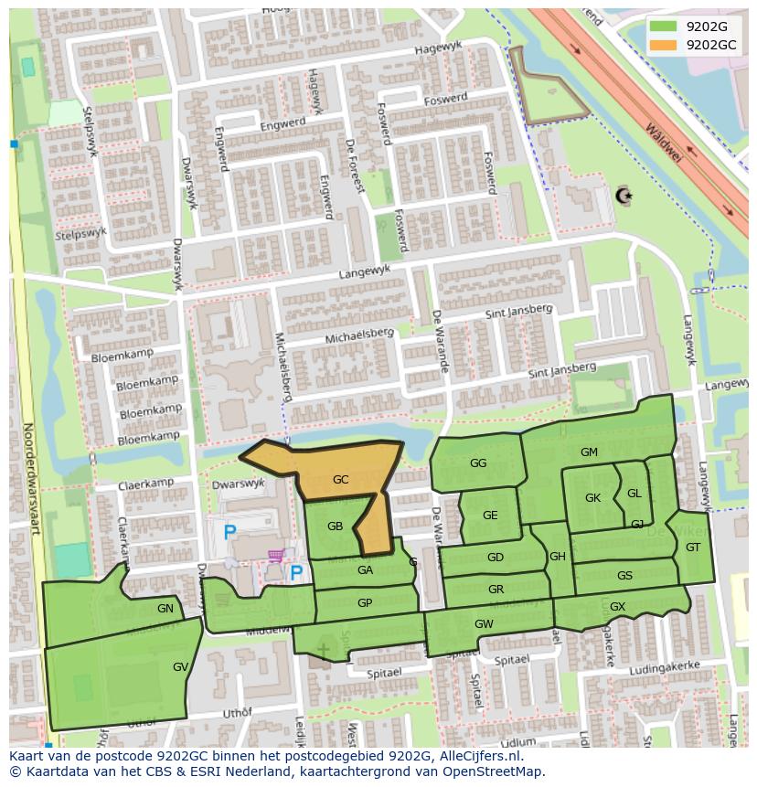 Afbeelding van het postcodegebied 9202 GC op de kaart.