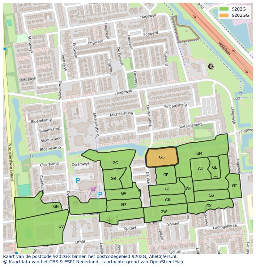 Afbeelding van het postcodegebied 9202 GG op de kaart.
