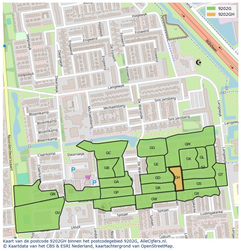Afbeelding van het postcodegebied 9202 GH op de kaart.