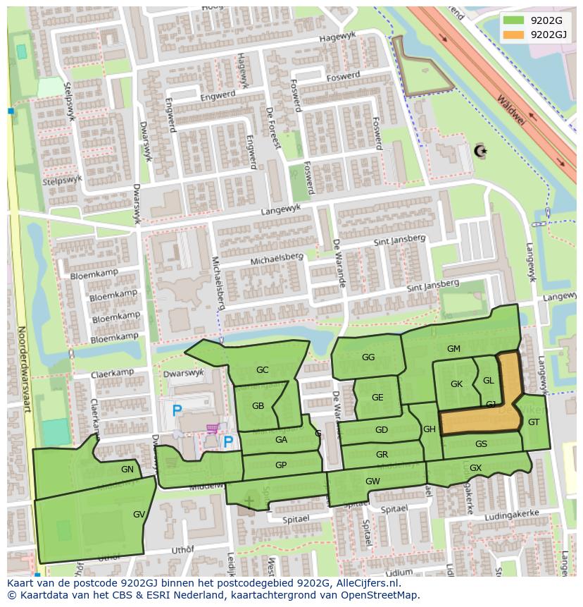 Afbeelding van het postcodegebied 9202 GJ op de kaart.