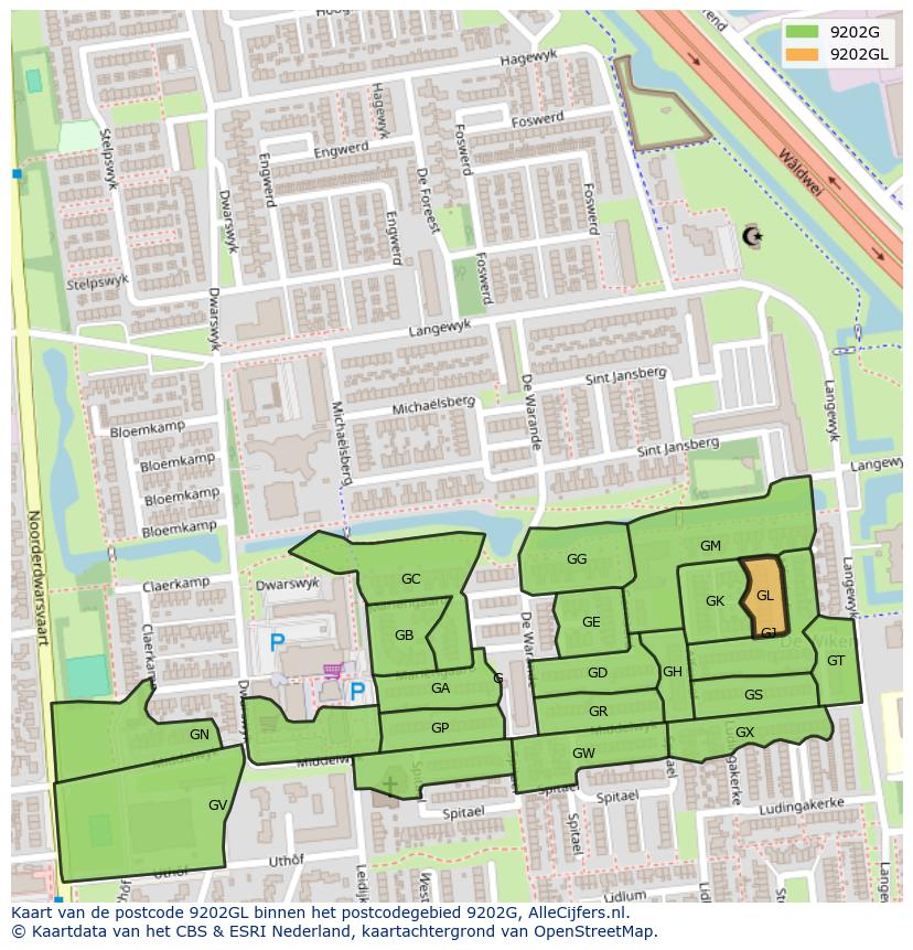 Afbeelding van het postcodegebied 9202 GL op de kaart.