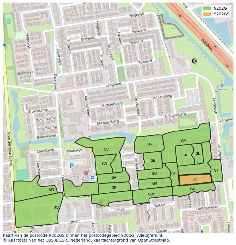 Afbeelding van het postcodegebied 9202 GS op de kaart.