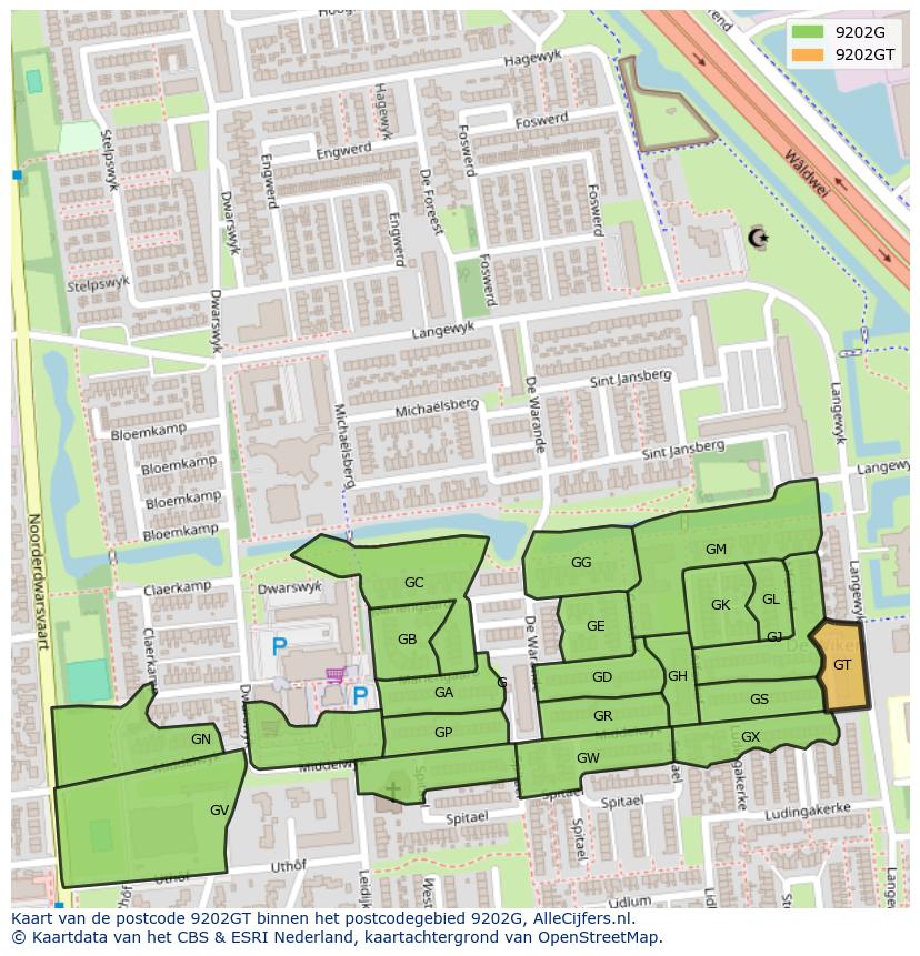 Afbeelding van het postcodegebied 9202 GT op de kaart.