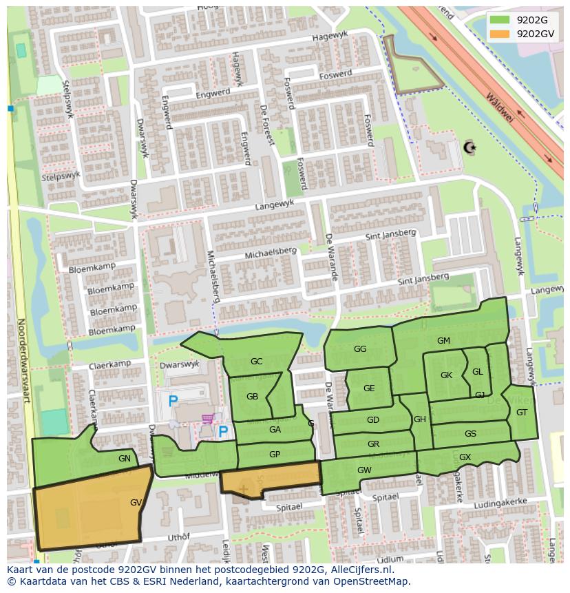 Afbeelding van het postcodegebied 9202 GV op de kaart.