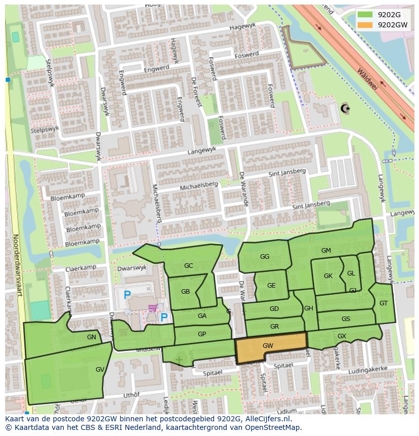 Afbeelding van het postcodegebied 9202 GW op de kaart.