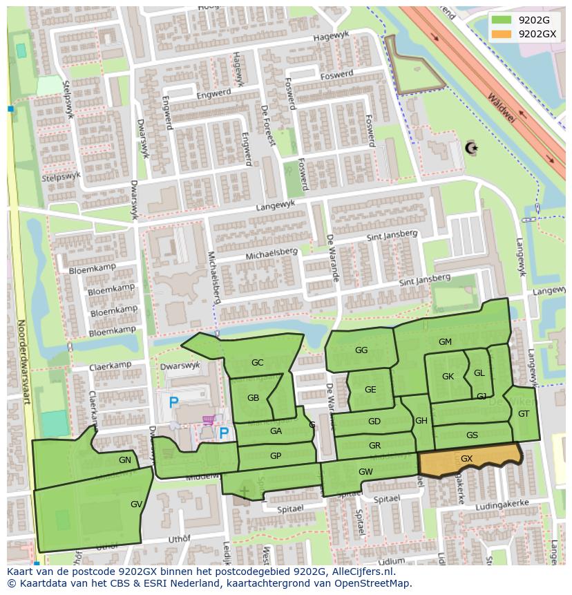Afbeelding van het postcodegebied 9202 GX op de kaart.