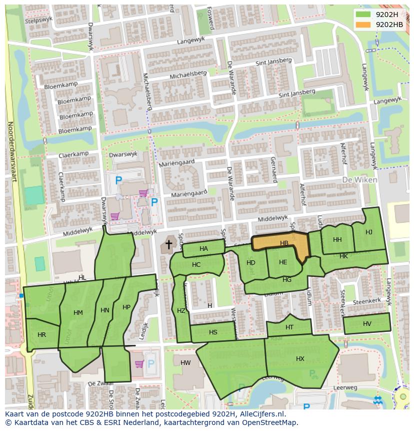 Afbeelding van het postcodegebied 9202 HB op de kaart.