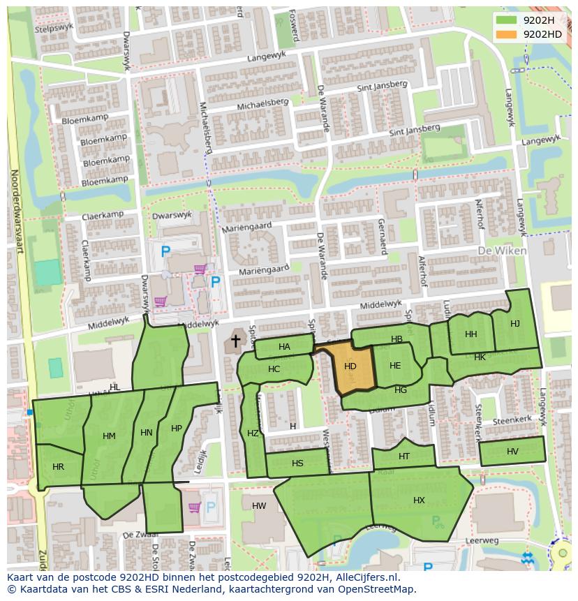 Afbeelding van het postcodegebied 9202 HD op de kaart.