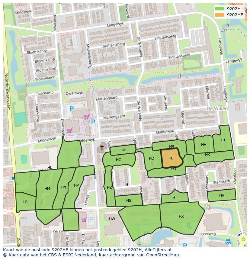 Afbeelding van het postcodegebied 9202 HE op de kaart.