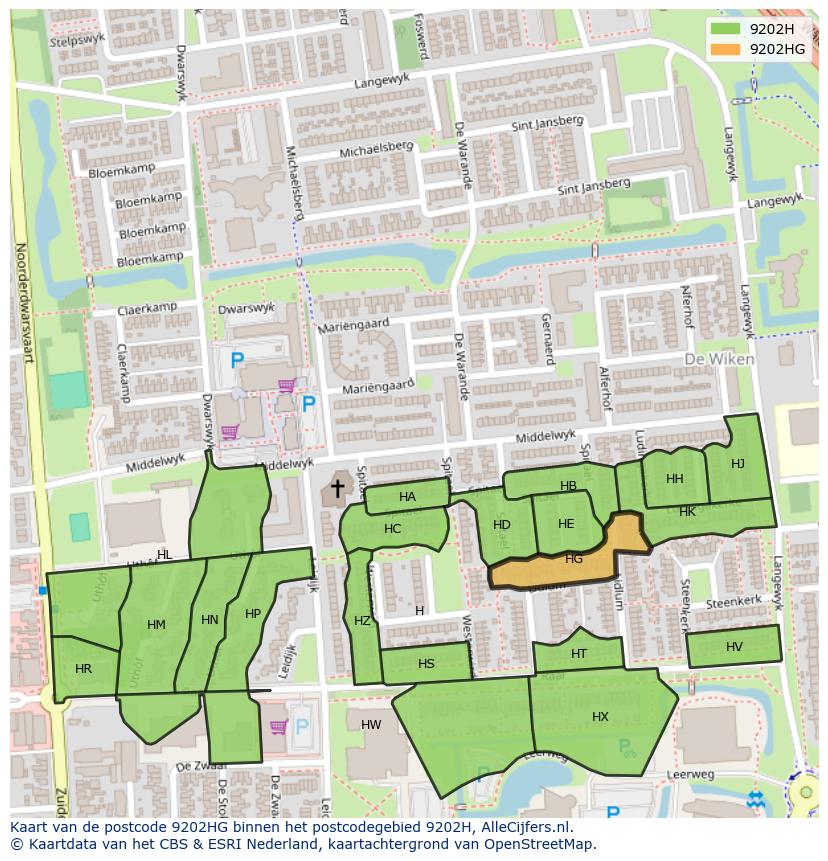 Afbeelding van het postcodegebied 9202 HG op de kaart.