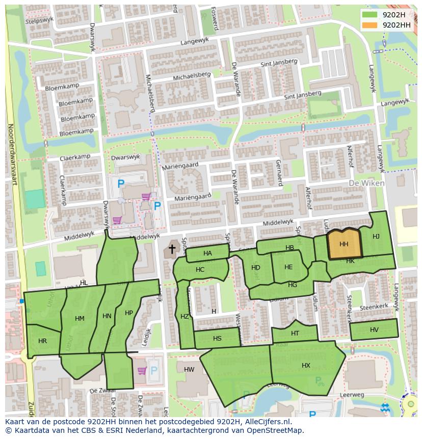 Afbeelding van het postcodegebied 9202 HH op de kaart.
