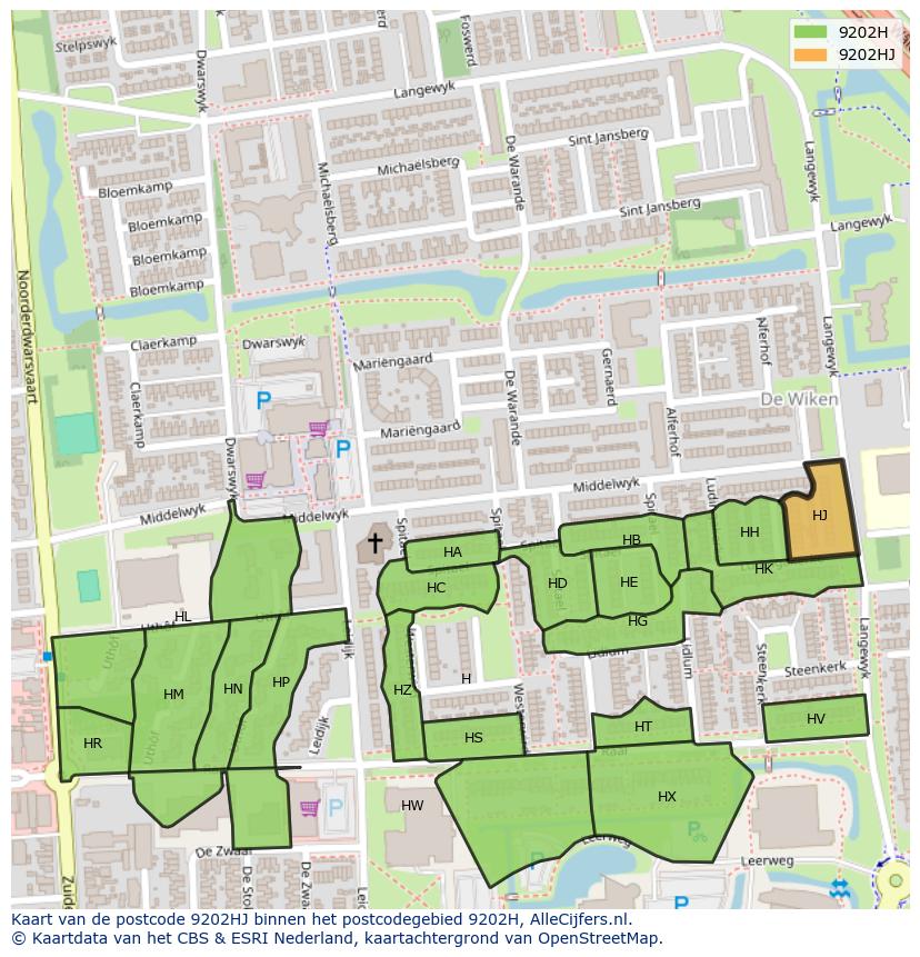 Afbeelding van het postcodegebied 9202 HJ op de kaart.