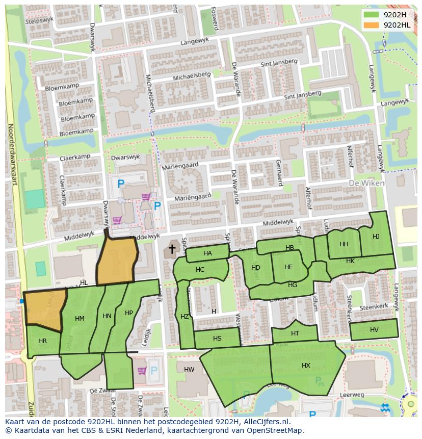 Afbeelding van het postcodegebied 9202 HL op de kaart.