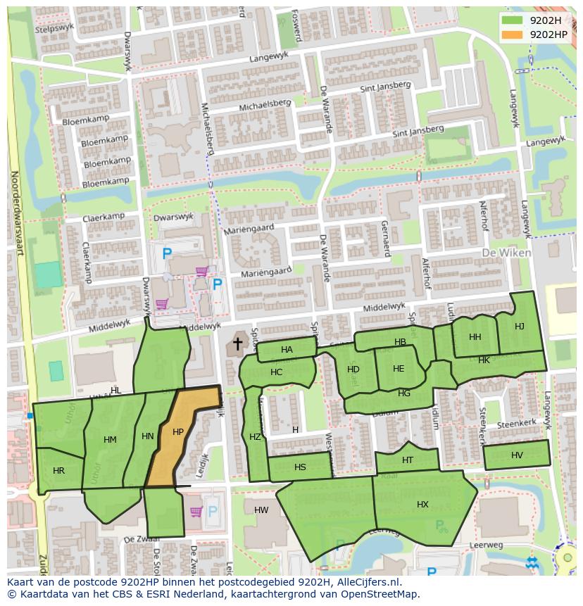 Afbeelding van het postcodegebied 9202 HP op de kaart.
