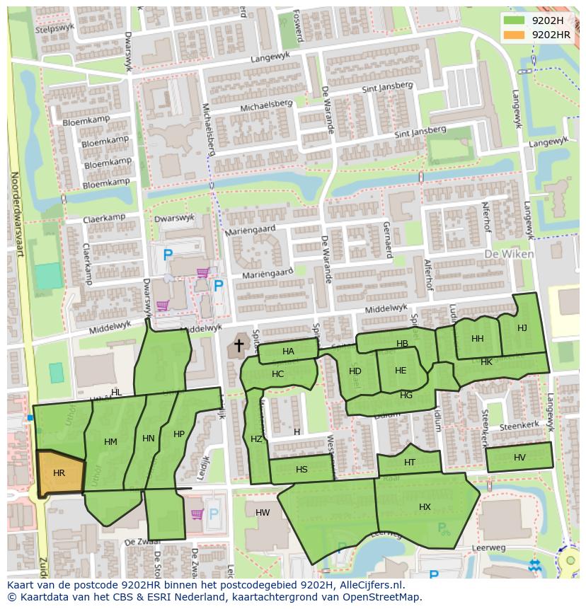 Afbeelding van het postcodegebied 9202 HR op de kaart.
