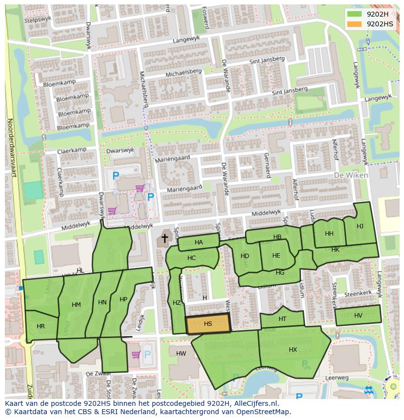 Afbeelding van het postcodegebied 9202 HS op de kaart.