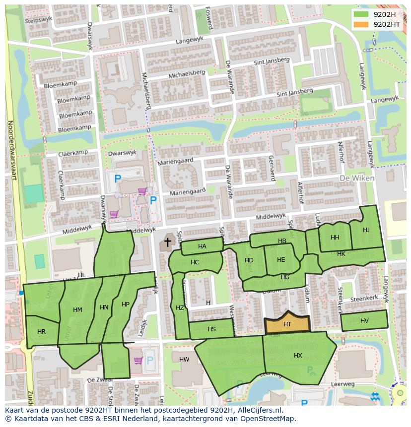 Afbeelding van het postcodegebied 9202 HT op de kaart.