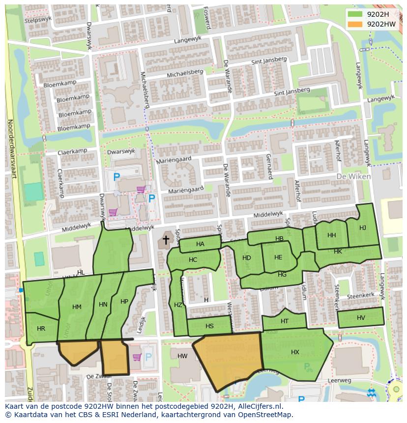 Afbeelding van het postcodegebied 9202 HW op de kaart.