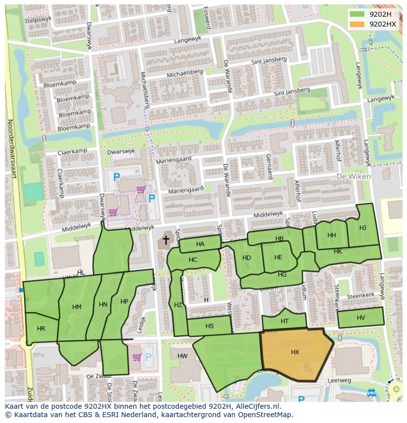 Afbeelding van het postcodegebied 9202 HX op de kaart.