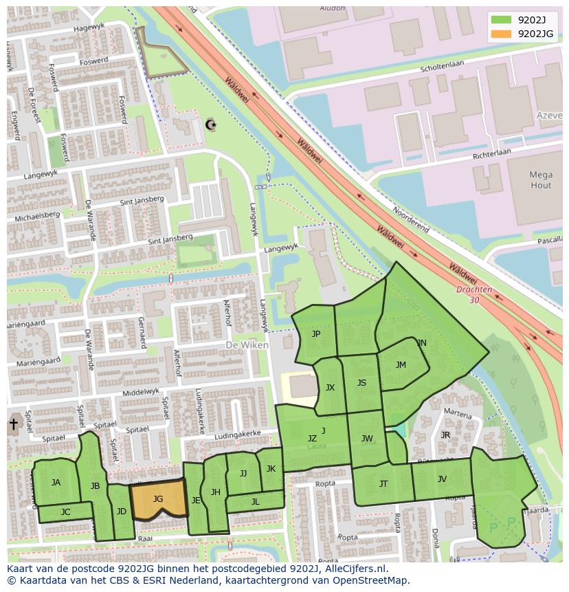 Afbeelding van het postcodegebied 9202 JG op de kaart.