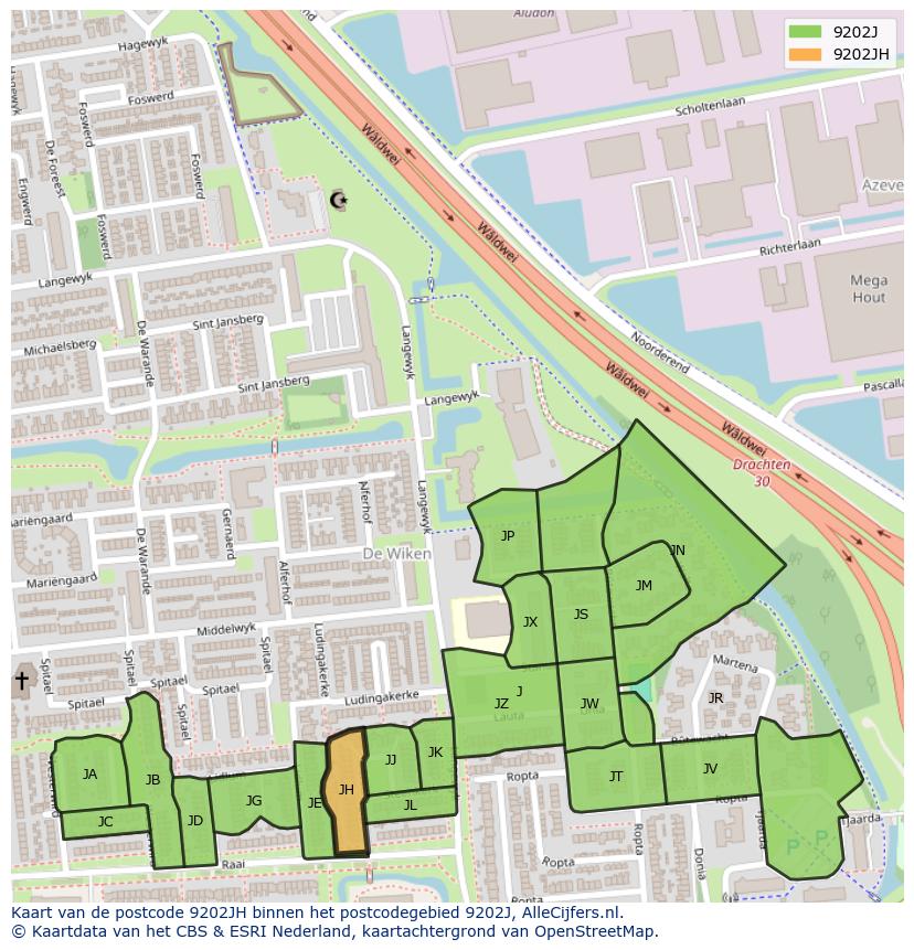 Afbeelding van het postcodegebied 9202 JH op de kaart.