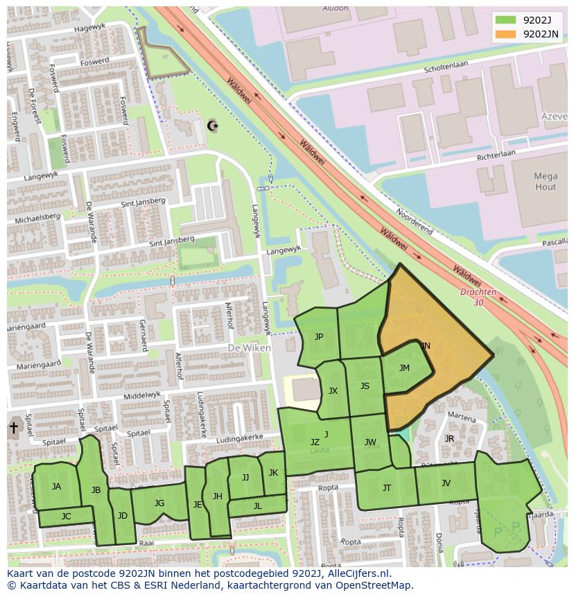 Afbeelding van het postcodegebied 9202 JN op de kaart.
