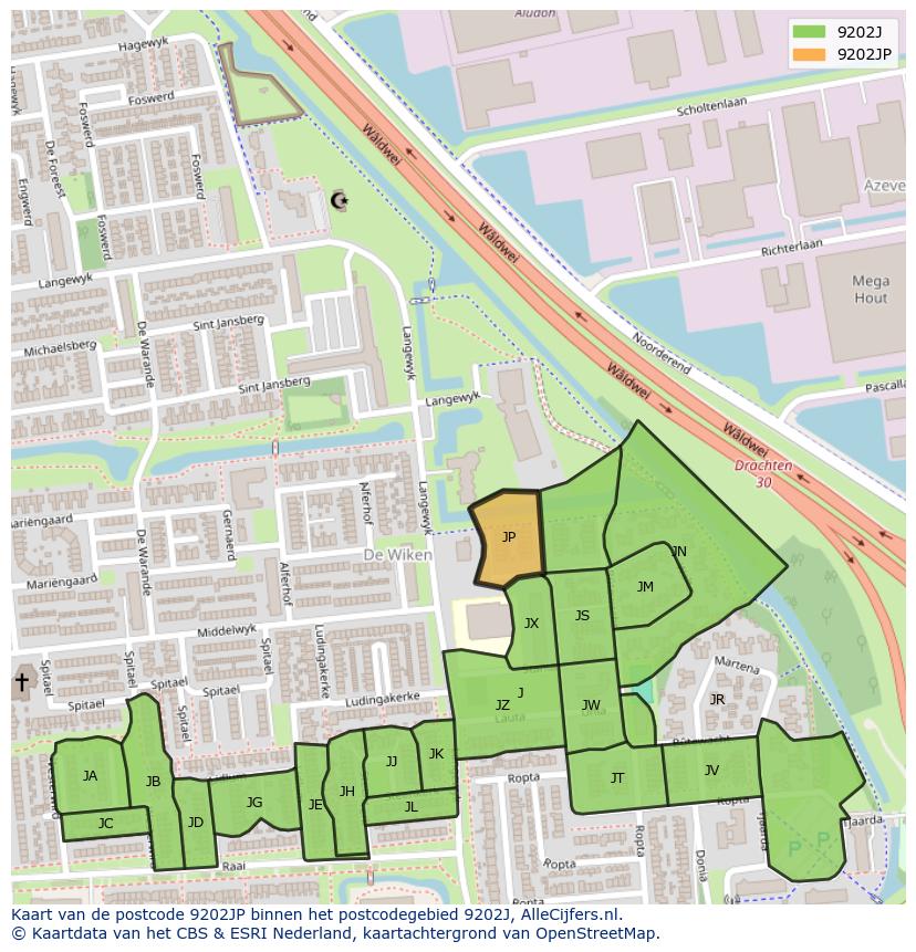 Afbeelding van het postcodegebied 9202 JP op de kaart.