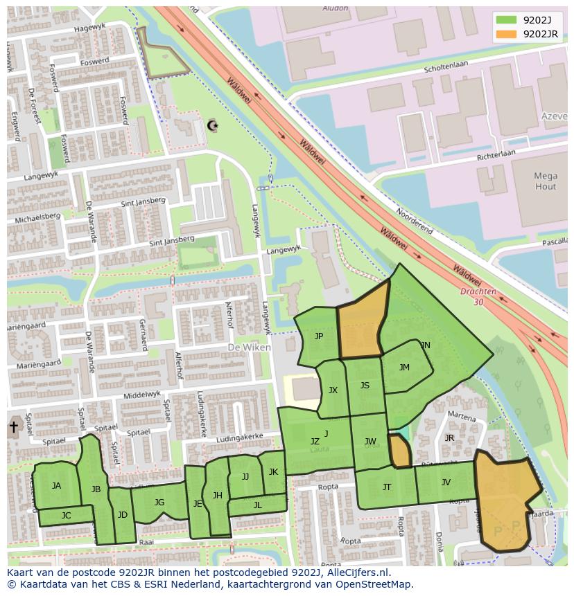 Afbeelding van het postcodegebied 9202 JR op de kaart.