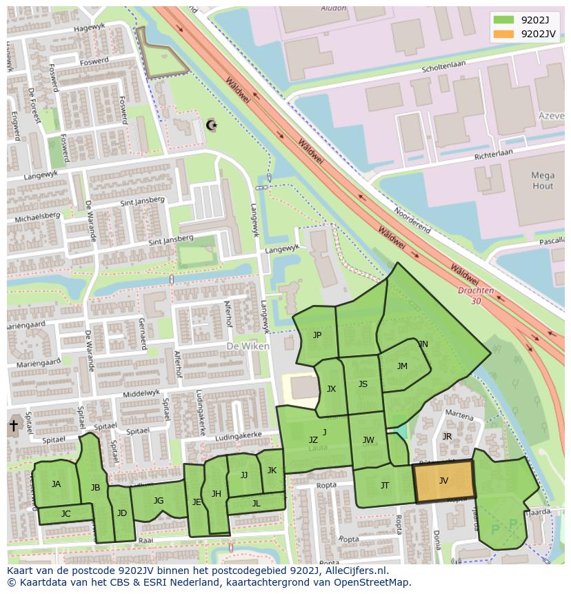 Afbeelding van het postcodegebied 9202 JV op de kaart.