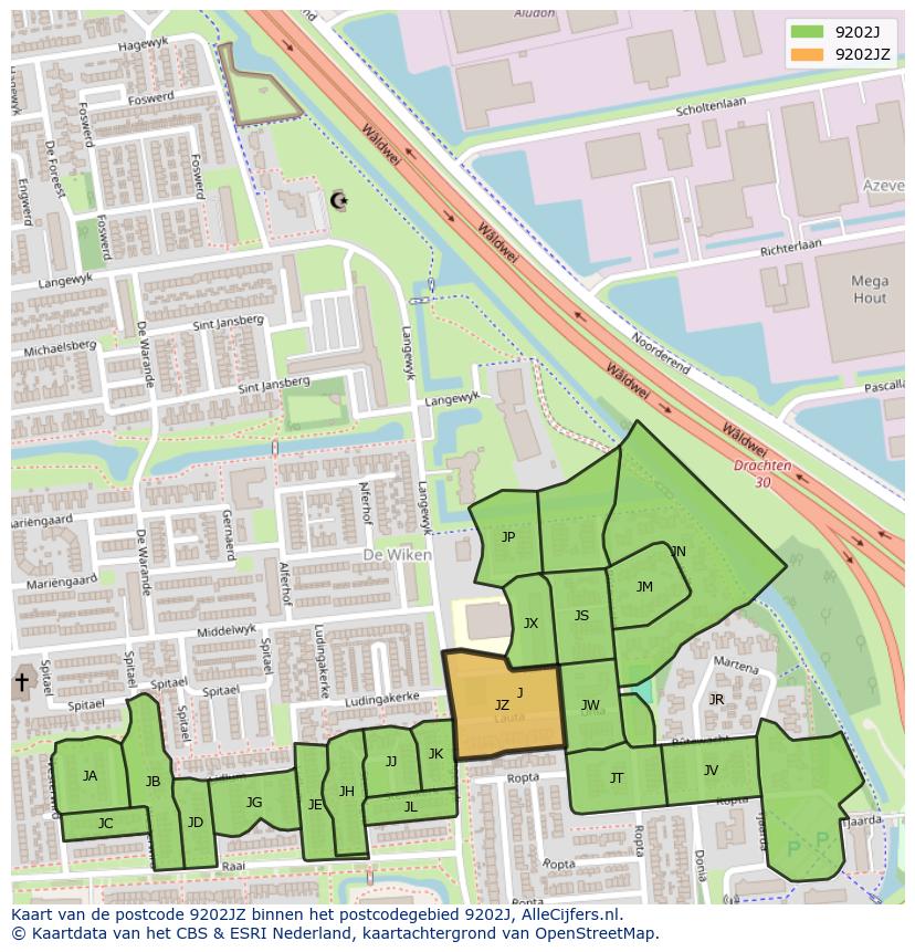 Afbeelding van het postcodegebied 9202 JZ op de kaart.