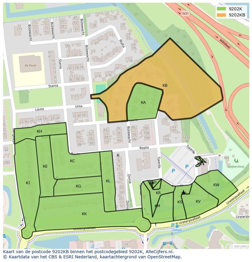 Afbeelding van het postcodegebied 9202 KB op de kaart.