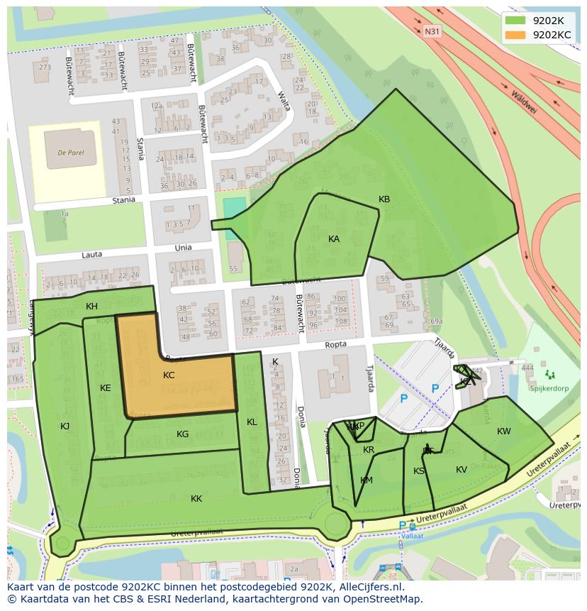 Afbeelding van het postcodegebied 9202 KC op de kaart.