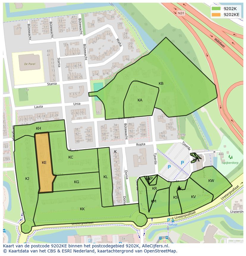 Afbeelding van het postcodegebied 9202 KE op de kaart.