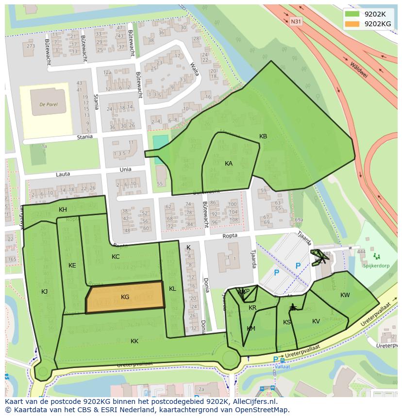 Afbeelding van het postcodegebied 9202 KG op de kaart.