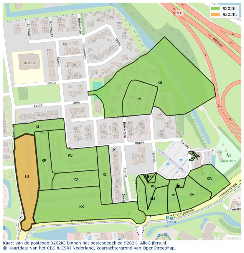 Afbeelding van het postcodegebied 9202 KJ op de kaart.