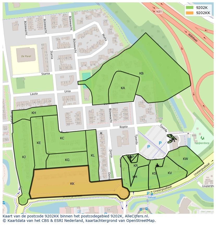 Afbeelding van het postcodegebied 9202 KK op de kaart.