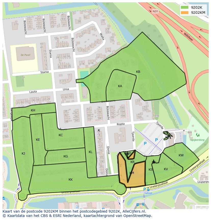 Afbeelding van het postcodegebied 9202 KM op de kaart.