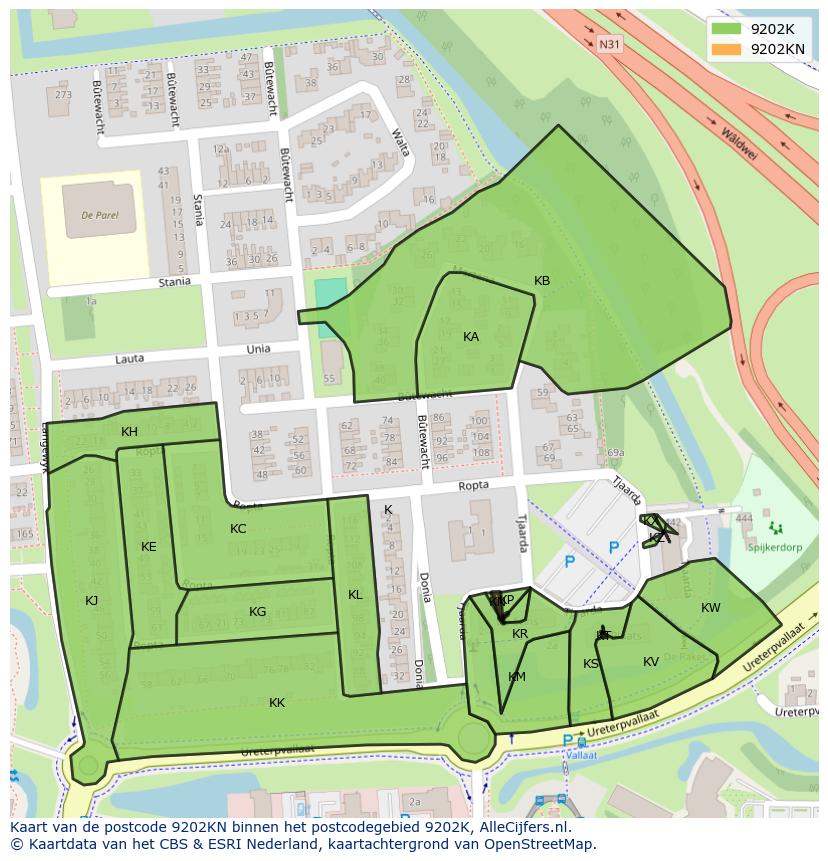 Afbeelding van het postcodegebied 9202 KN op de kaart.