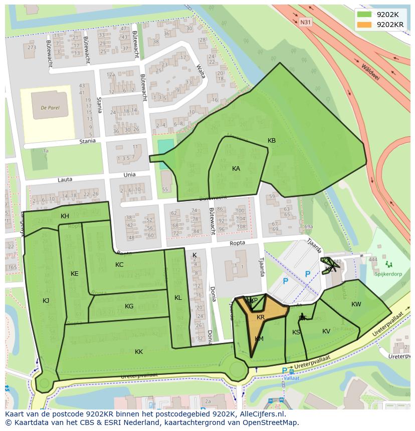 Afbeelding van het postcodegebied 9202 KR op de kaart.