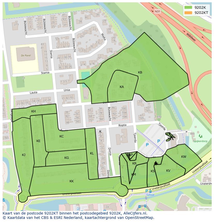 Afbeelding van het postcodegebied 9202 KT op de kaart.