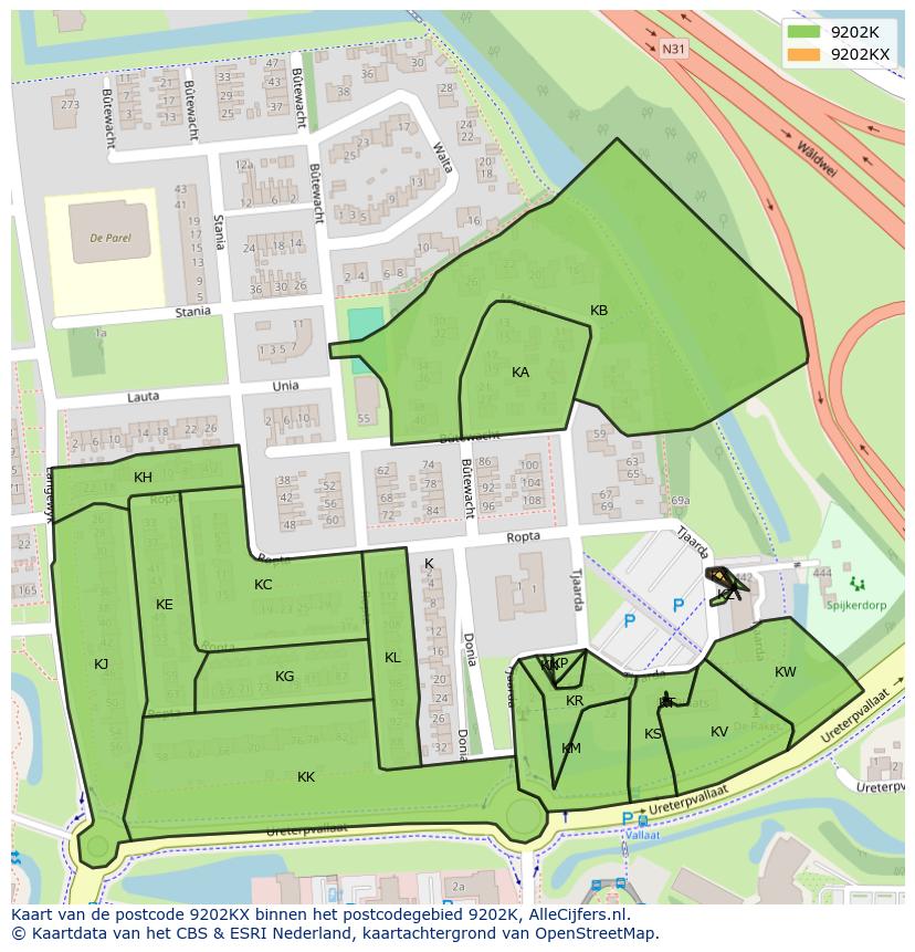 Afbeelding van het postcodegebied 9202 KX op de kaart.