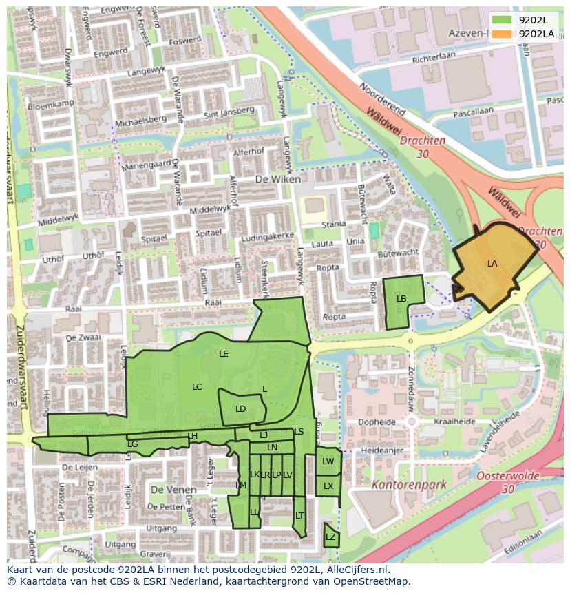 Afbeelding van het postcodegebied 9202 LA op de kaart.