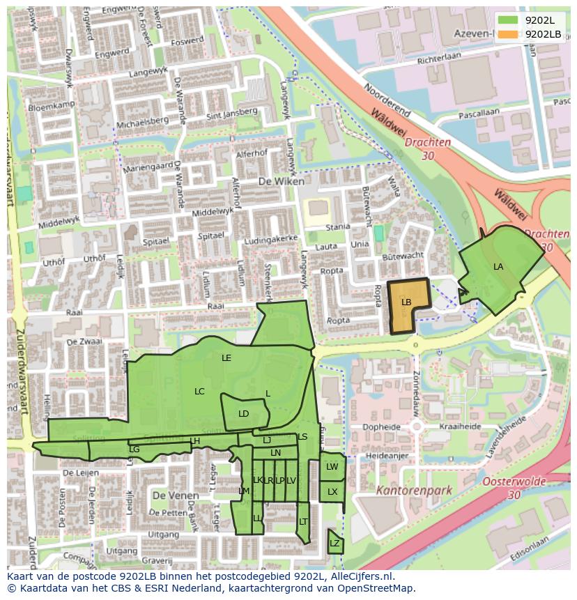 Afbeelding van het postcodegebied 9202 LB op de kaart.