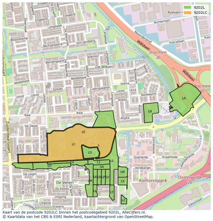 Afbeelding van het postcodegebied 9202 LC op de kaart.